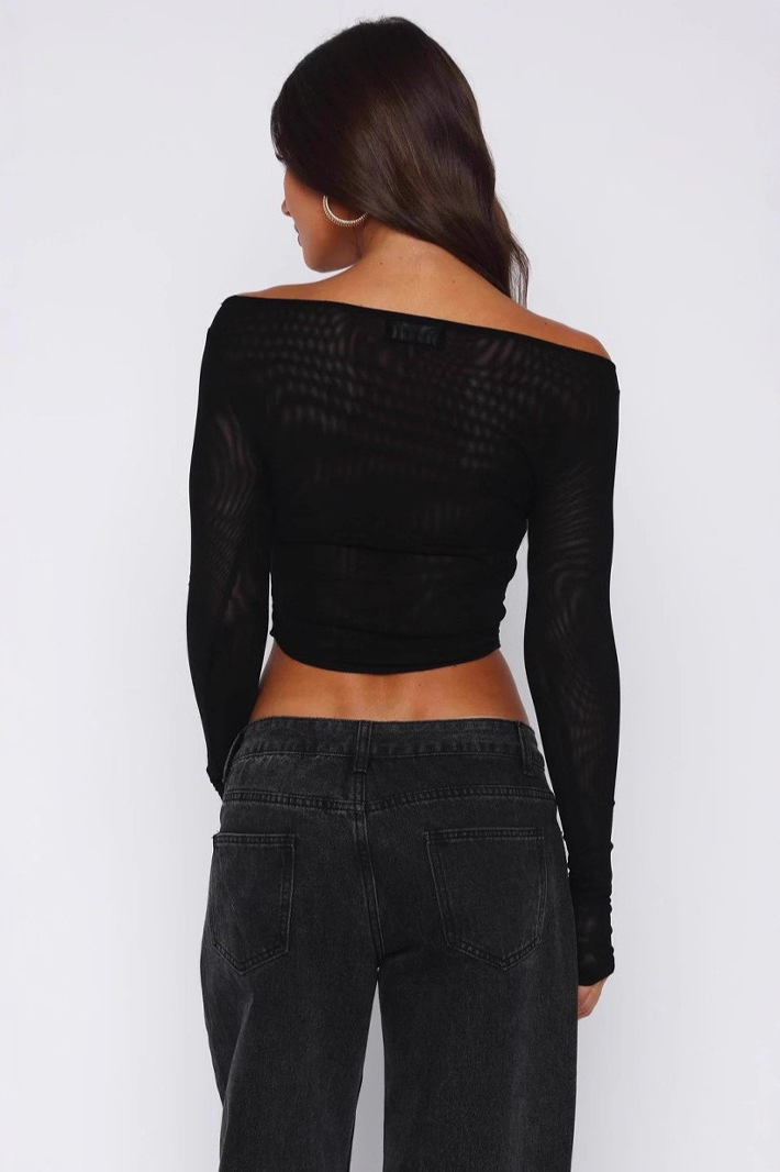Solid Off Shoulder Sheer Mesh Crop Top