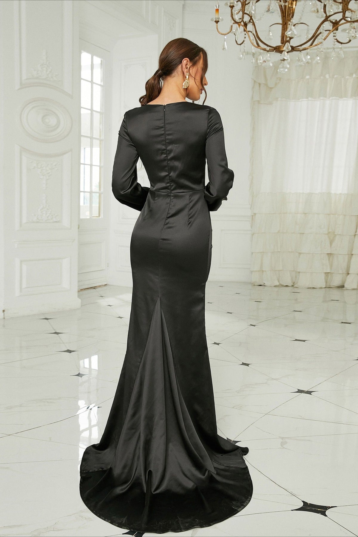 Elegant Long Sleeve Satin Crew Neck Split Formal Dress