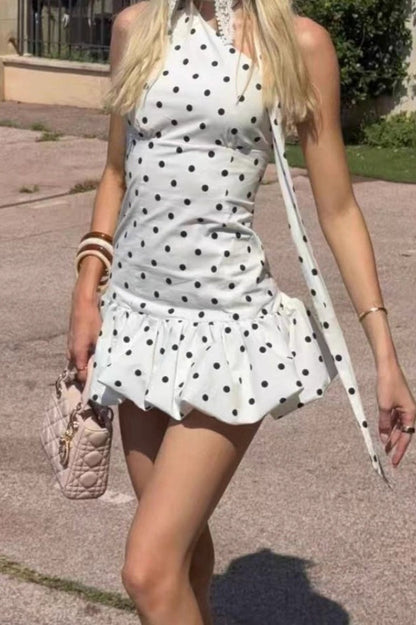 Polka Dot Halter Ruffle Hem Mini Dress