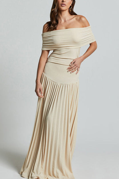 Off Shoulder Dropped Waist Accordion Pleated Maxi Dress