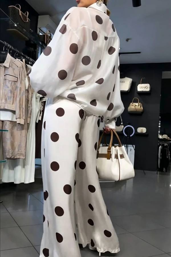 Grazia Polka Dot Sheer Long Balloon Sleeve Shirt and Elastic Waist Pocket Wide Leg Pants Set