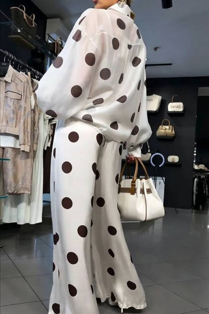 Grazia Polka Dot Sheer Long Balloon Sleeve Shirt and Elastic Waist Pocket Wide Leg Pants Set