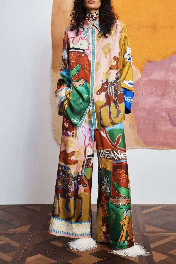 Art Graffiti Print Satin Shirt & Wide Leg Pants Set