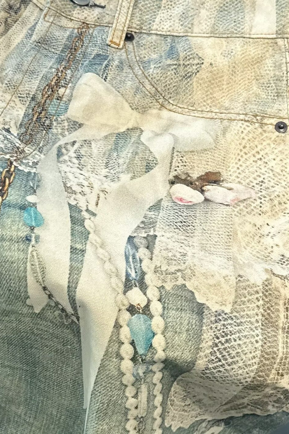 Lace Pearl Chain Printed Vintage Washed Casual Jeans