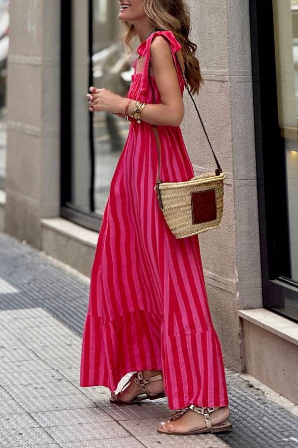 Dopamine Pink Stripe Tie Strap Smocked Maxi Vacation Dress