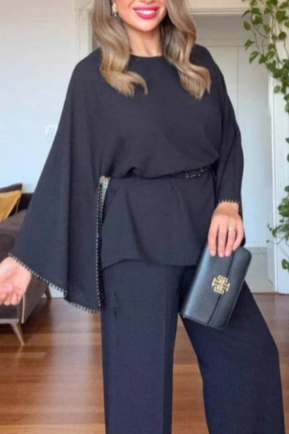 Beaded Wide-Sleeve Waisted Wide-Leg Pants Two-Piece Set