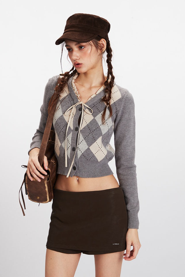 Argyle Cropped V Neck Cardigan
