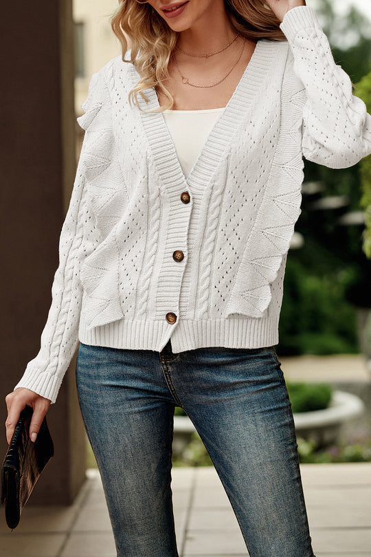 Ruffle Cropped Button Down Knitted Cardigan