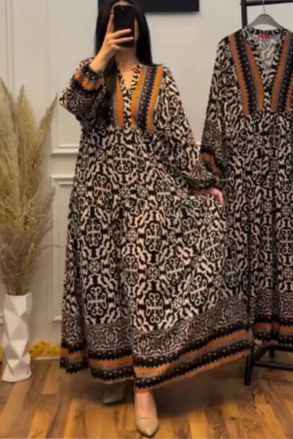 Contrast color V-neck long sleeve printed dress