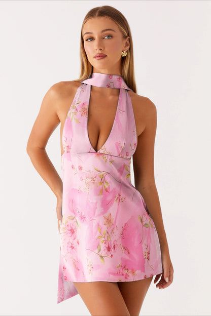 Deep V Neck Backless Tie Detail Mini Floral Dress
