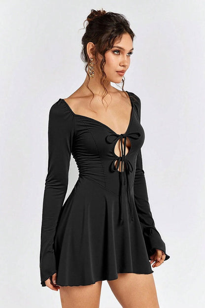 Sweetheart Tie Front Cutout Bell Sleeve Ruffle Hem Mini Dress
