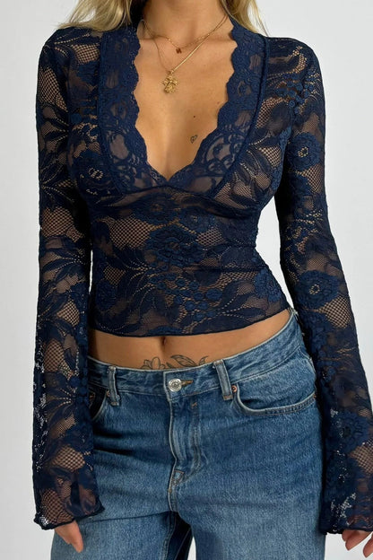 Solid V Neck Lace Bodycon Long Sleeve Tee