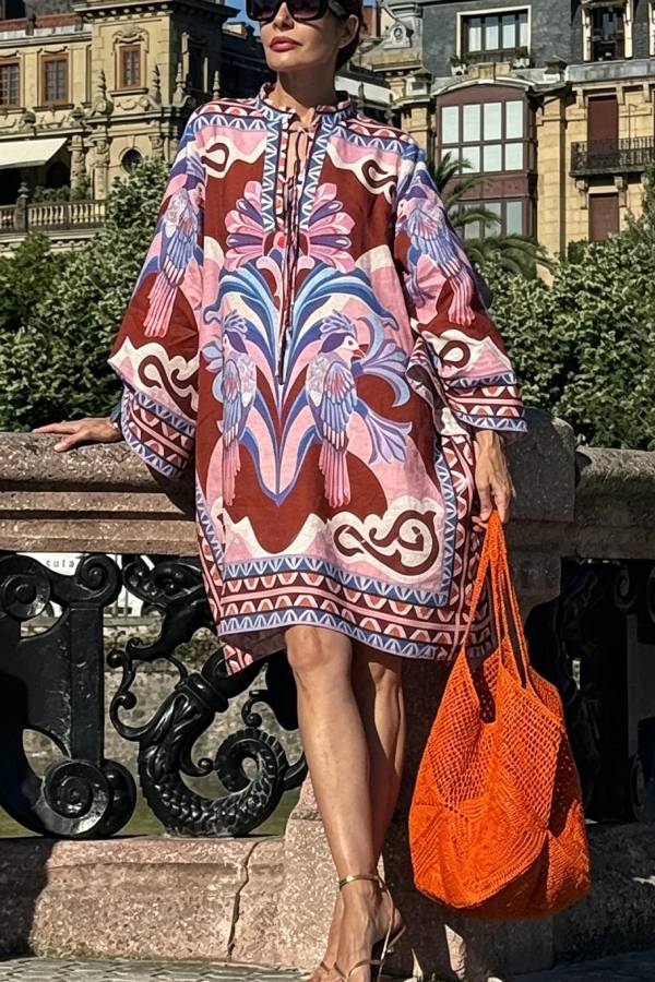 Lucia Linen Blend Vacation-style Print Tie-up Neck Long Sleeve Pocket Loose Mini Dress