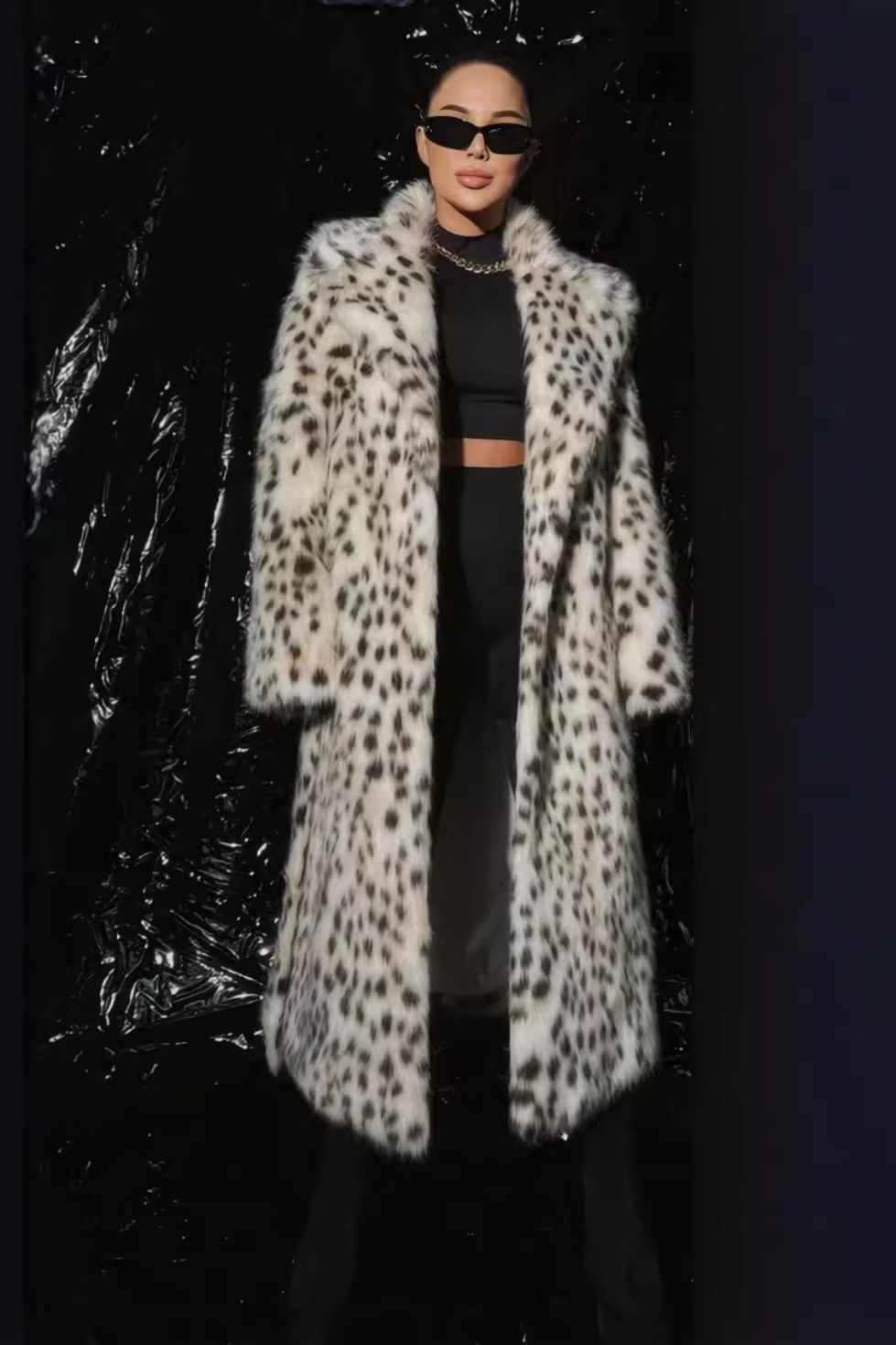 Leopard Faux Fox Fur Notched Lapel Belted Long Overcoat