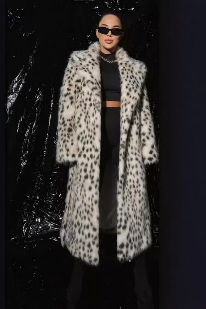 Leopard Faux Fox Fur Notched Lapel Belted Long Overcoat
