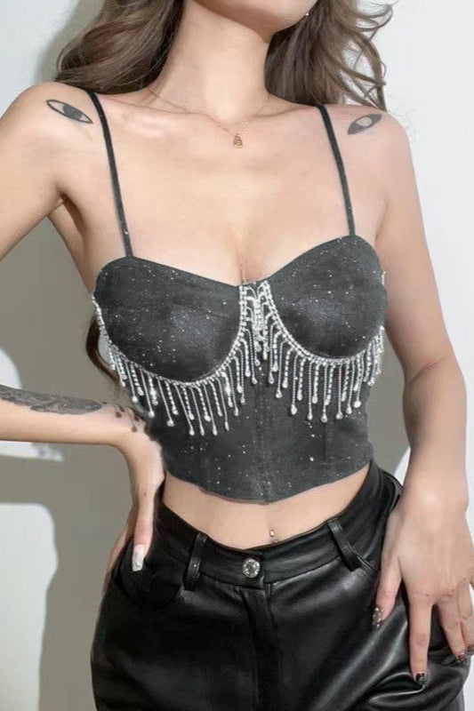 Rhinestone Trimmed Bardot Fringe Crop Top