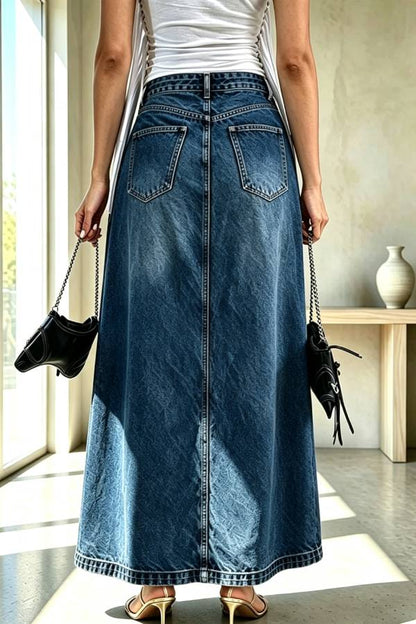 A Stylishly Layered Look Washed Denim High Rise Slit Maxi Skirt