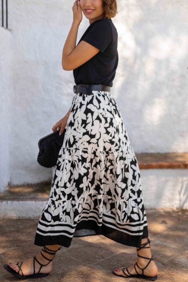 Resort Style Botanical Print Elastic Waist Loose Stitching Midi Skirt