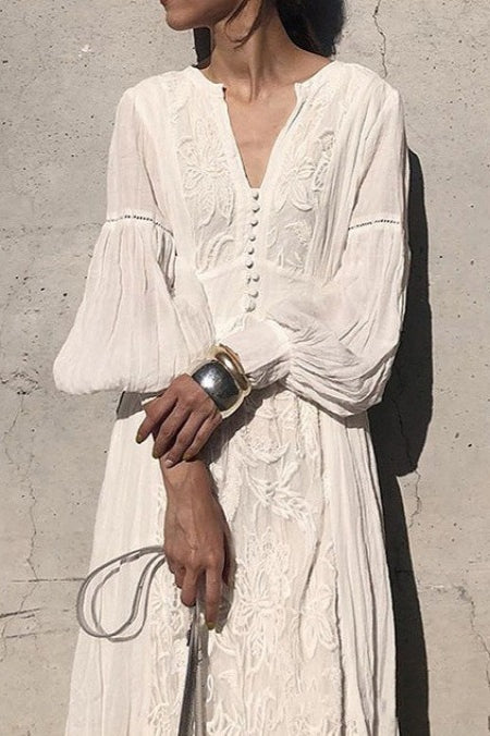 Vintage Lace Panel V-Neck Embroidered Boho Dress