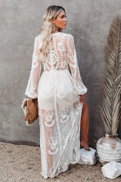 Embroidery V Neck Lace Maxi Boho Dress