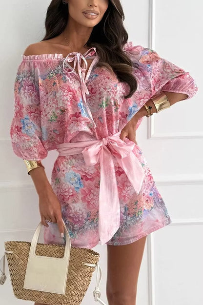 Fiorito Chiffon Floral Print Off Shoulder Top and Elastic Waist Tie-up Loose Shorts Set