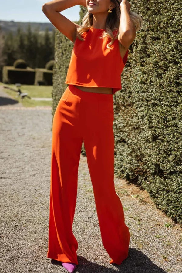 Modern and Elegant Solid Crop Tank and High Rise Flare Loose Pants Set