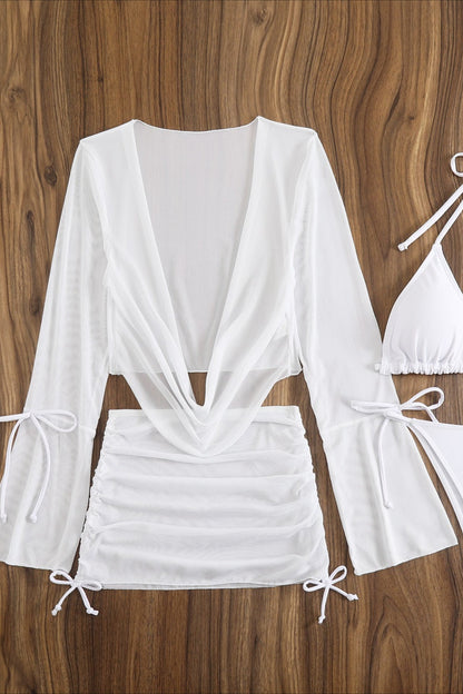 Solid Long Sleeve Tie Mini Skirt Four Piece Swim Set