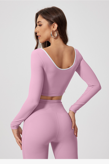 Crew Neck Color Block Quick Dry Long Sleeve Crop Top