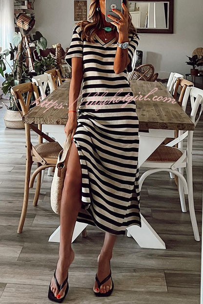 Stripe V Neck Short Sleeve Side Slit Maxi Dress