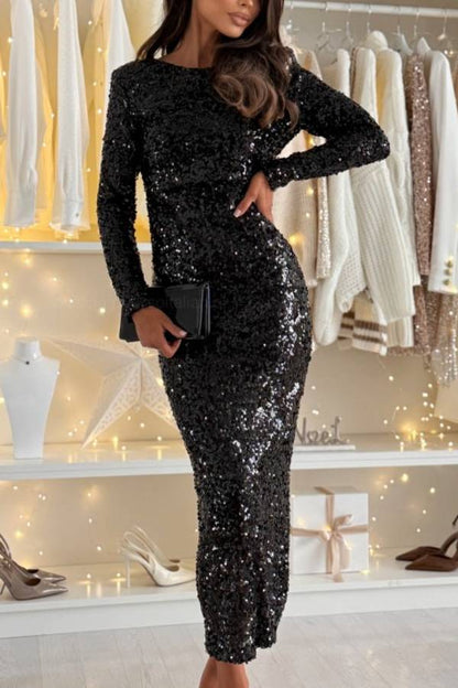 Sequined backless bodycon dress with tie-up straps.