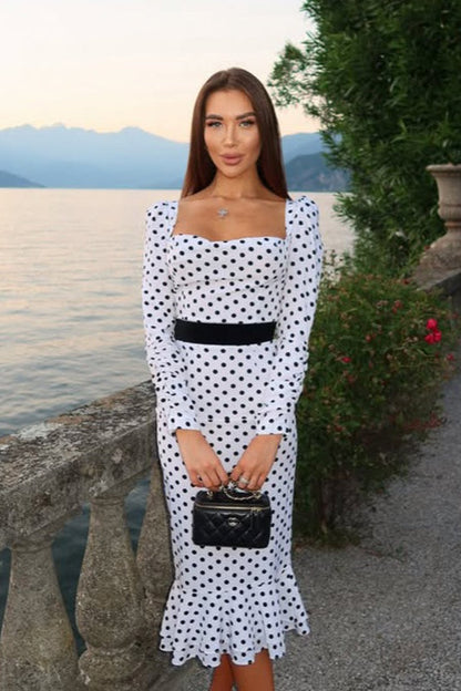 Polka Dot Puff Shoulder Long Sleeve Waistband Ruffle Hem Midi Dress