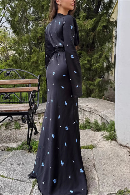 Elegant V Neck Flare Sleeve Maxi Floral Dress
