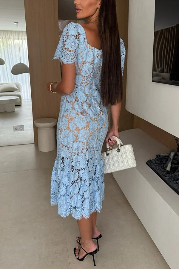 Jodie Flower Lace Sweet Heart Neck Short Sleeve Fishtail Midi Dress