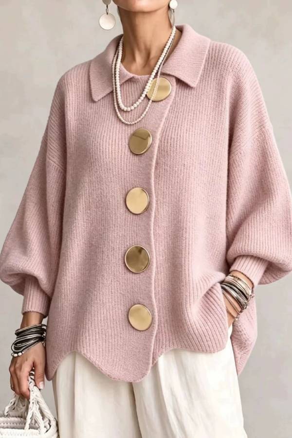 Big Metal Button Collared Lantern Sleeve Knit Cardigan