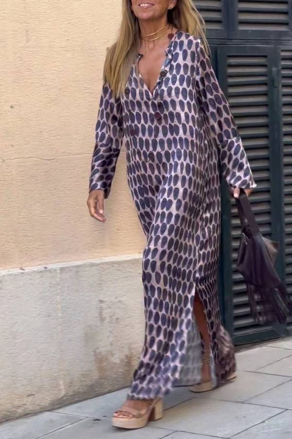 Retro Geometric Print V-Neck Loose Maxi Dress