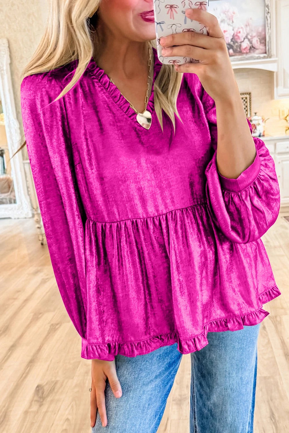 Velvet Frill V Neck Puff Sleeve Babydoll Blouse