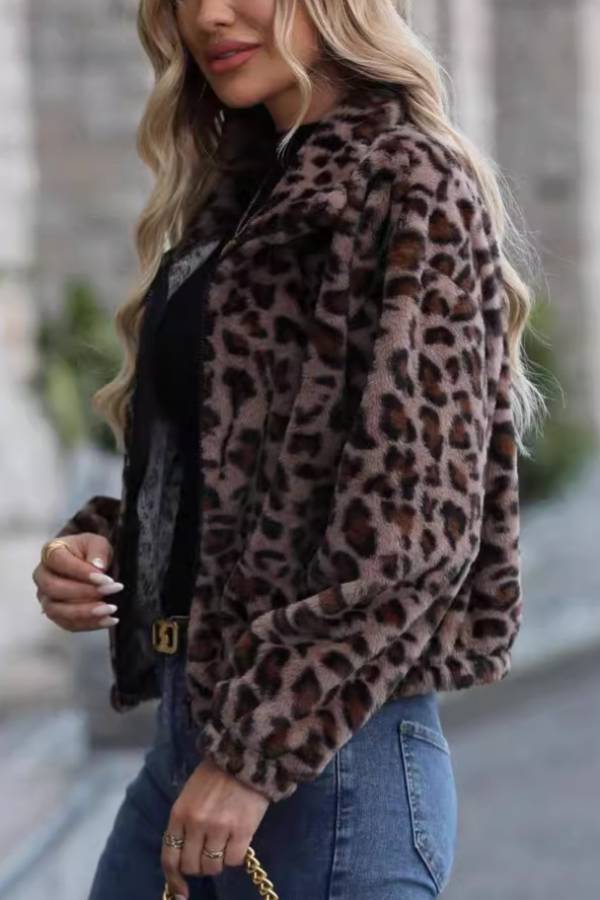 Leopard print faux fur short jacket