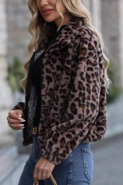 Leopard print faux fur short jacket