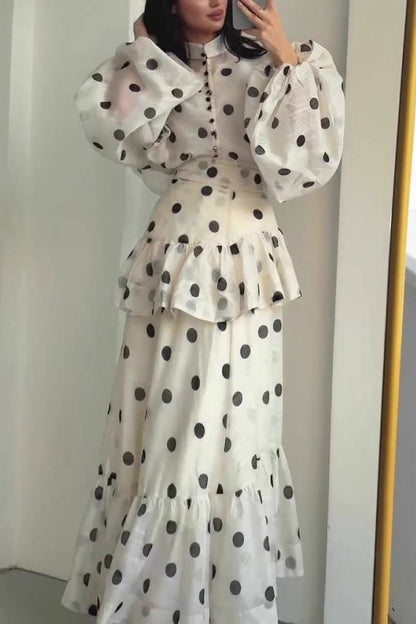 Polka Dot High-Neck Puff-Sleeve Tiered Maxi Dress