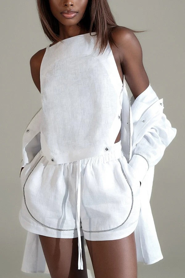 Alanah Linen Blend Silver Tirm Long Sleeve Pocket Oversized Shirt Jacket