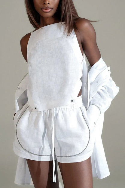 Alanah Linen Blend Silver Tirm Long Sleeve Pocket Oversized Shirt Jacket