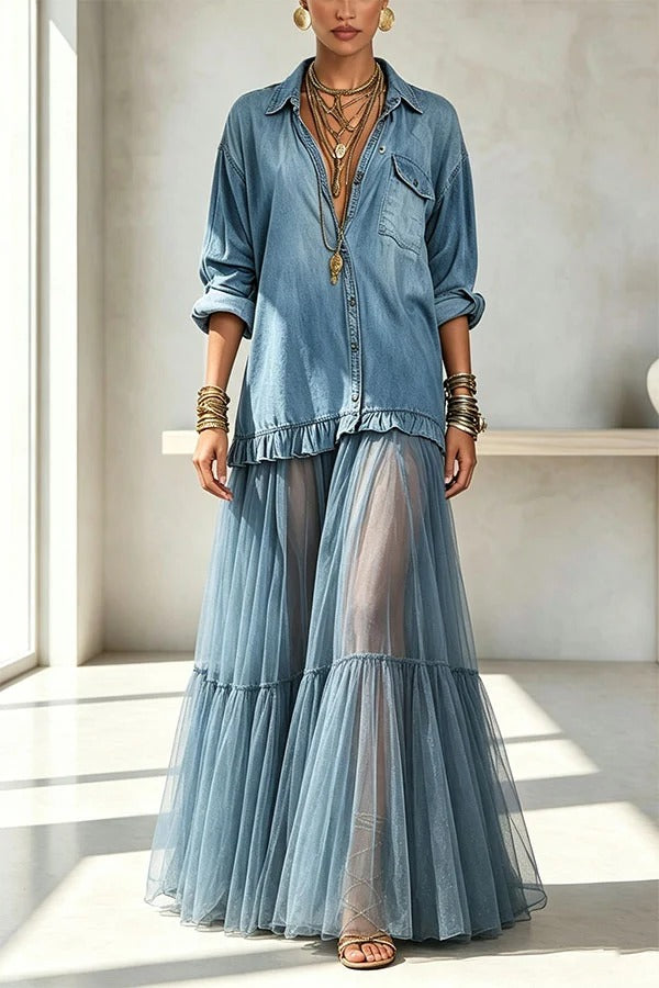 Retro-style Faux Denim Long Sleeve Pocket Tulle Hem Shirt Maxi Dress