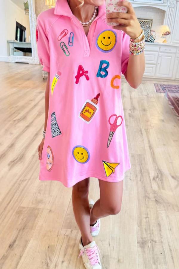 Cute Stationery Patch Pink Polo Short Sleeve Mini Dress