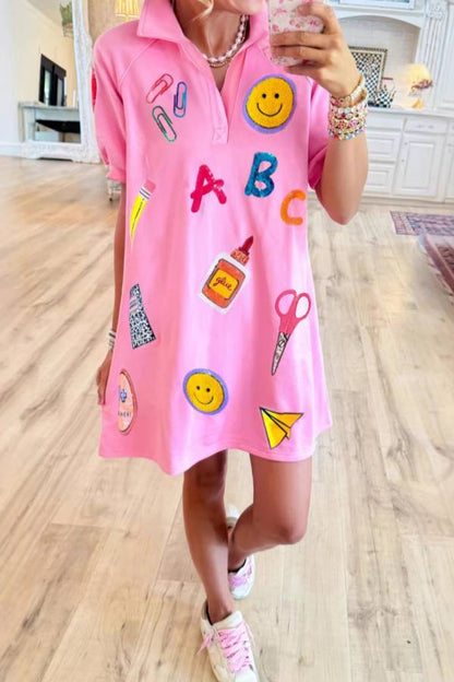 Cute Stationery Patch Pink Polo Short Sleeve Mini Dress