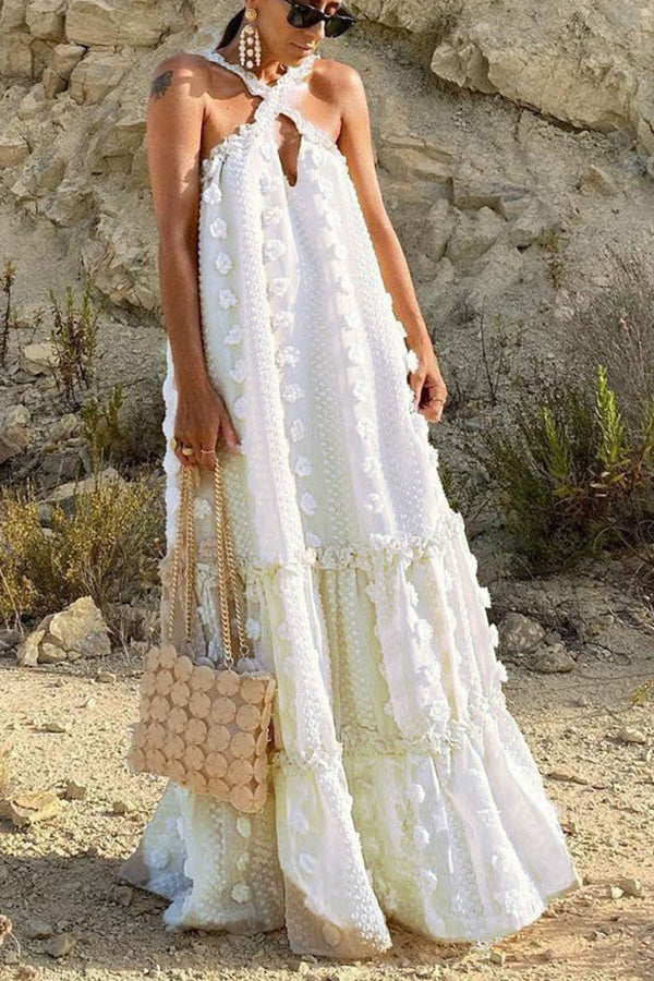 3D Floral Applique Halter Keyhole Tiered Maxi Dress