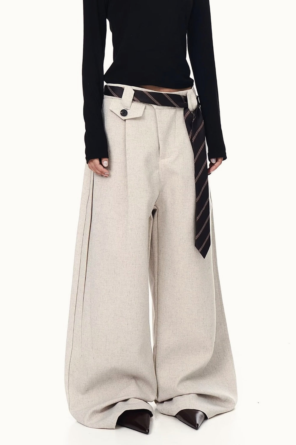 Pleated Tie Detail Wide Leg Draped Pants