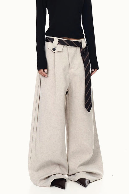 Pleated Tie Detail Wide Leg Draped Pants