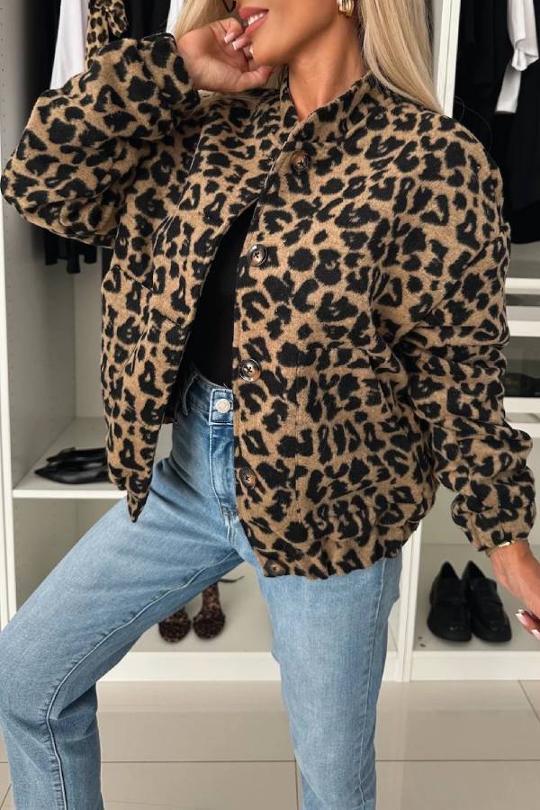 Leopard print plush stand-up collar jacket
