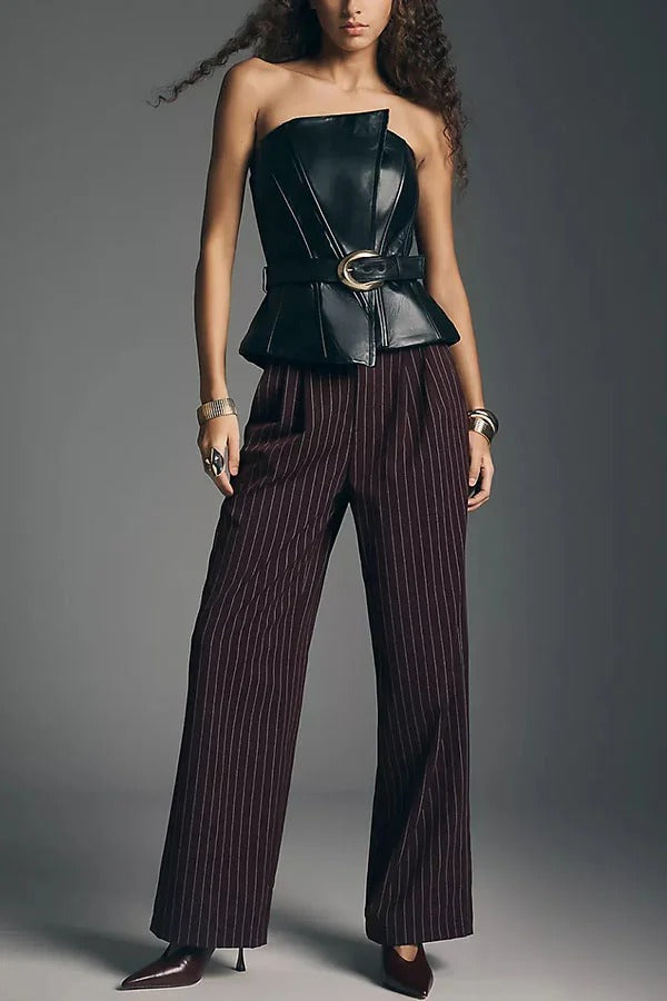 Fashionable and Avant-garde Faux Leather Belted Strapless Asymmetric Top