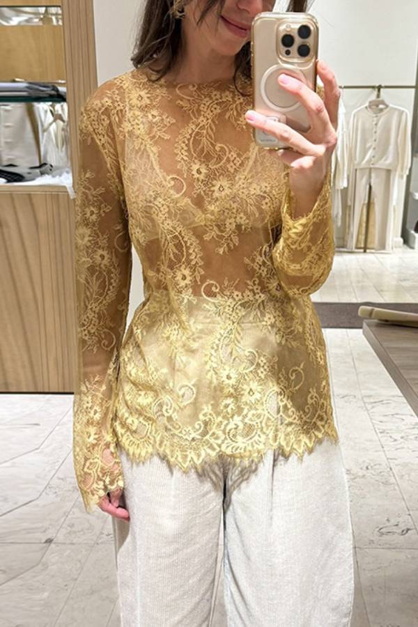 French Round‑Neck Sheer Lace Long‑Sleeve Layering Top